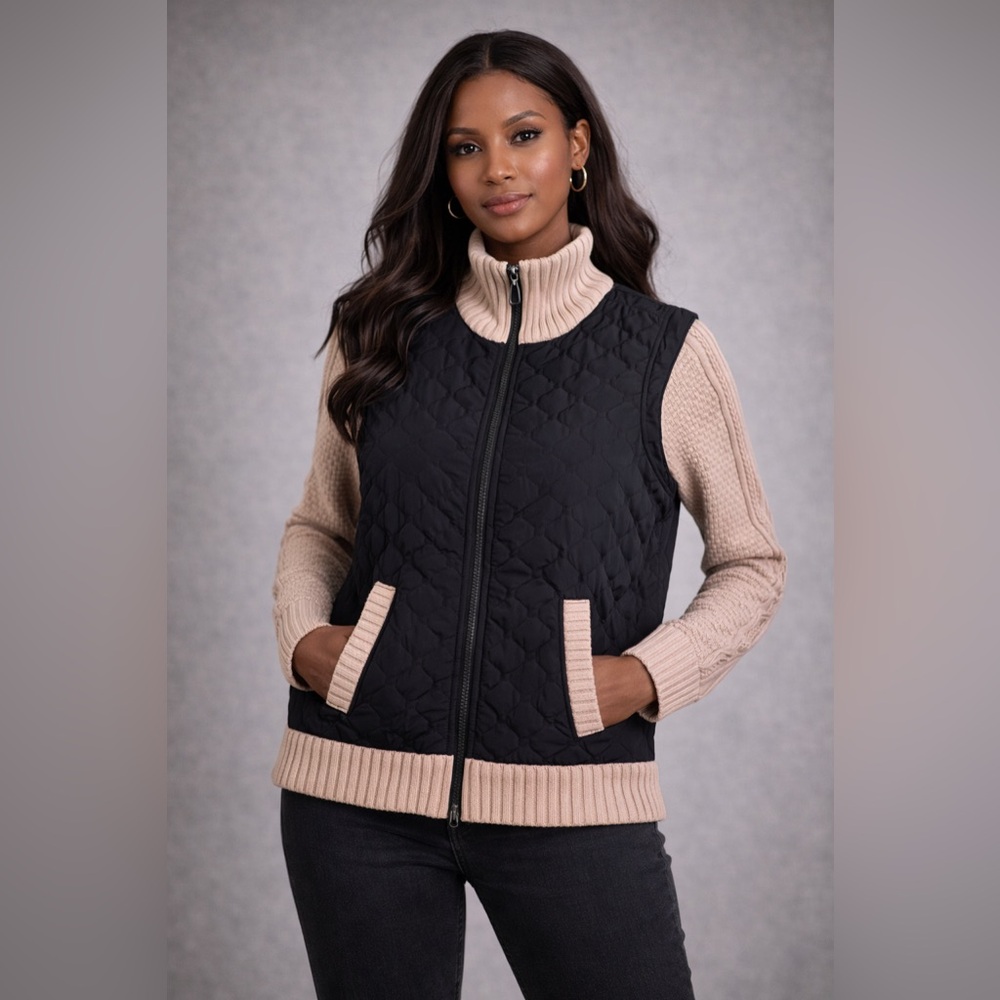 Etcetera Black and Tan Quilted Vest Jacket